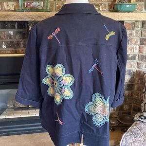 TALBOTS Woman navy blue cotton blend jacket with stretch. Embroidered by owner.